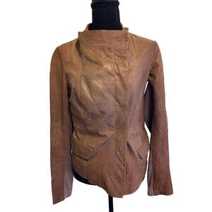 Q40 Asymmetrical Funnel Neck Weathered Leather Jacket Taupe Brown Small